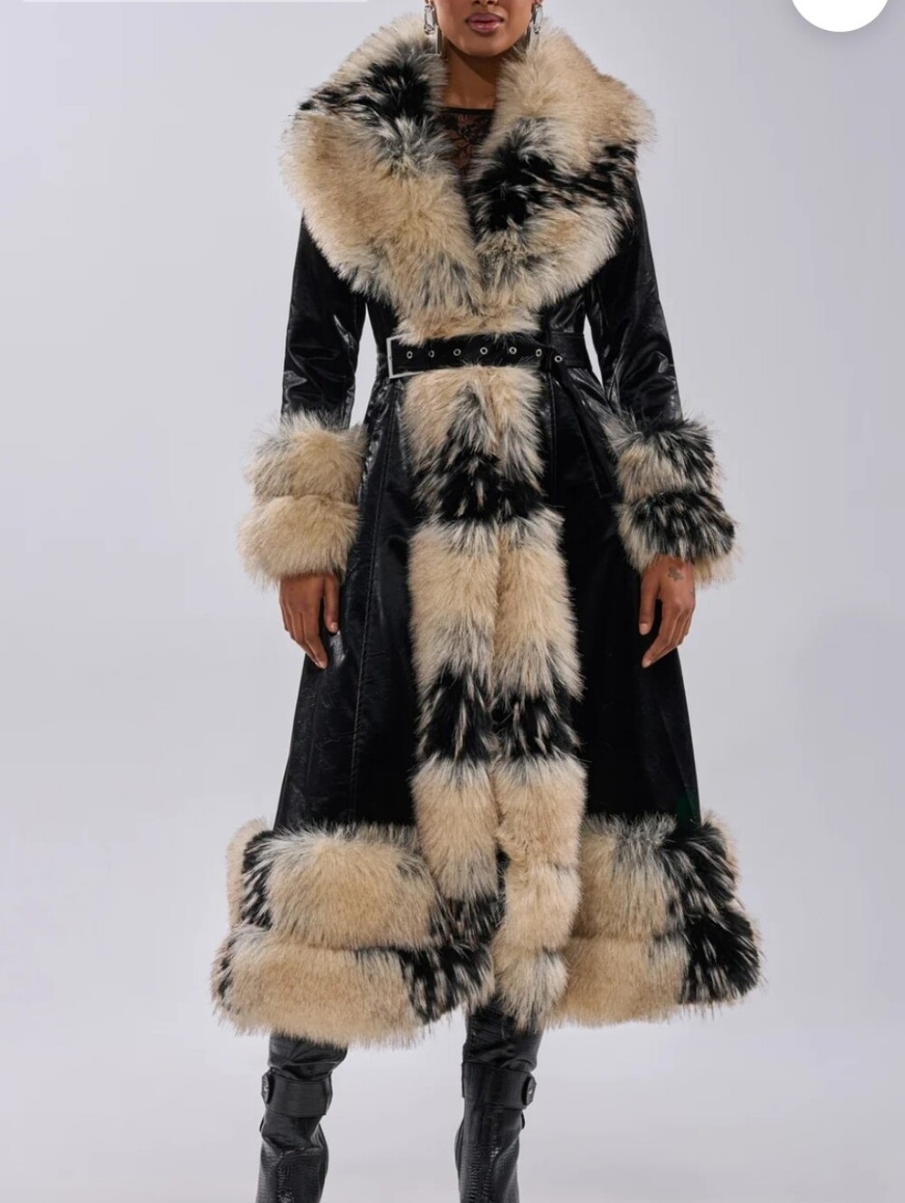 NWT Akira Vivian Fur Trim in Liquid Velvet Black Faux Leather Trench Coat Size L